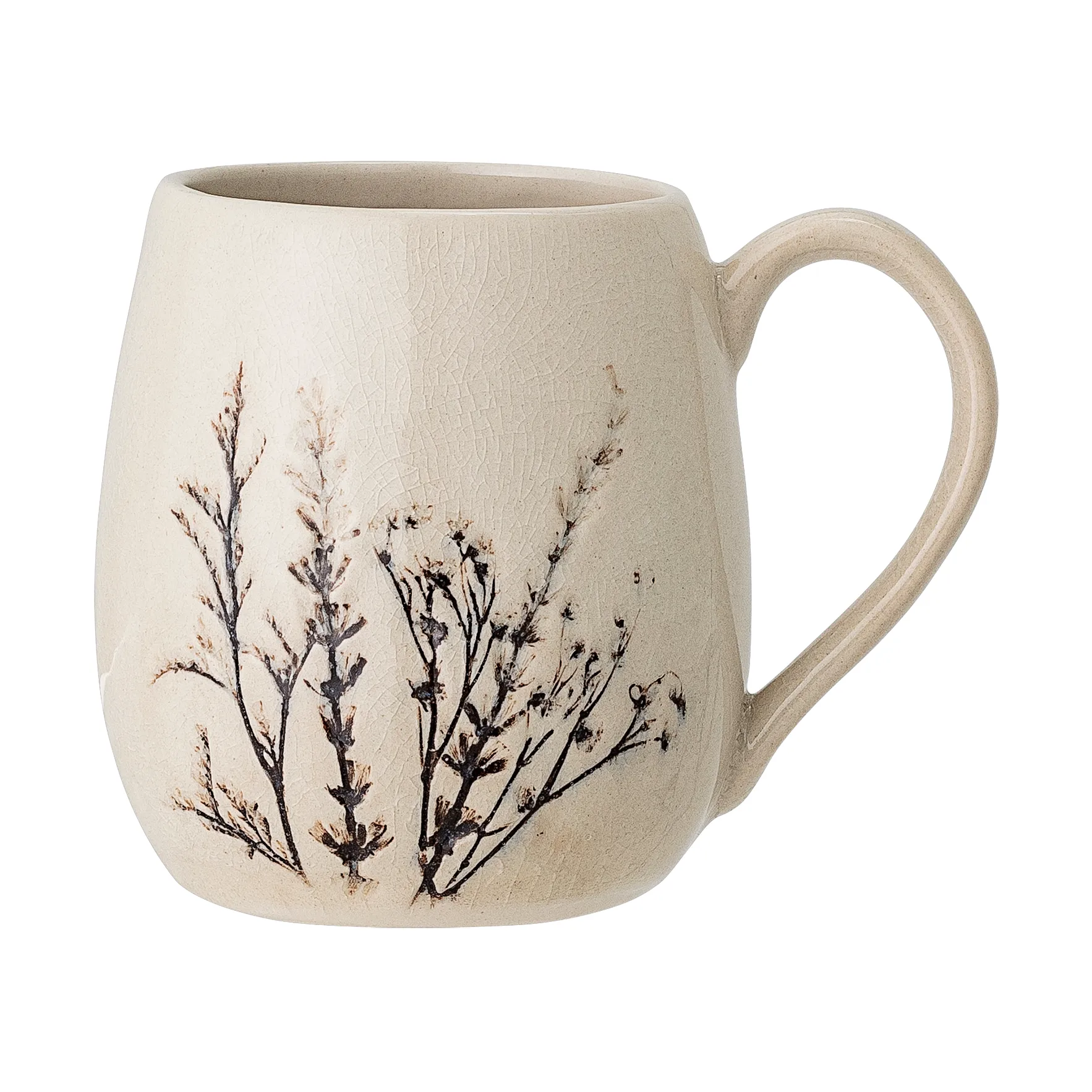 Krus Bloomingville Bea håndlavet i naturfarvet stentøj 400 ml med unikt blomstermotiv