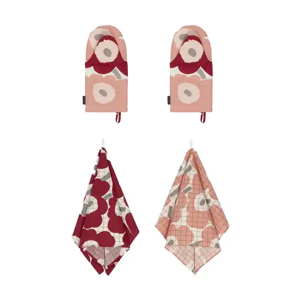 Pieni Unikko kökshandduk+grytvante 4 delar, Cotton-dark cherry