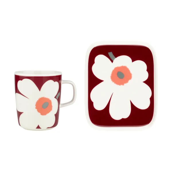 Unikko 60-årsjubileum mugg 25 cl+tallrik 12x15 cm, White-dark cherry-ash