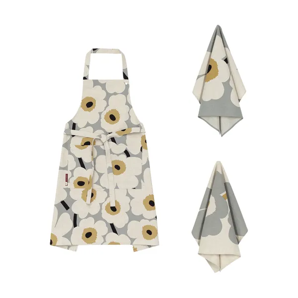 Unikko anniversary förkläde + kökshandduk 3 delar, Grey-linen-straw