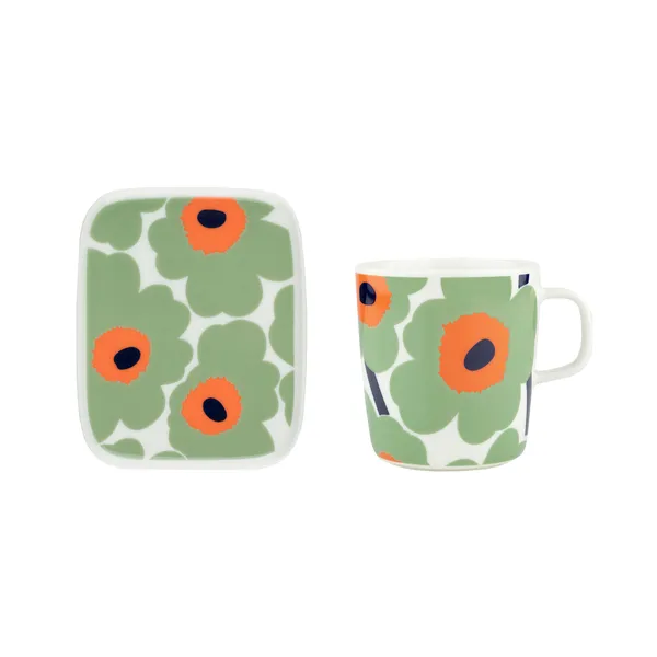 Unikko mugg 40 cl + tallrik 12x15 cm, White-sage-orange