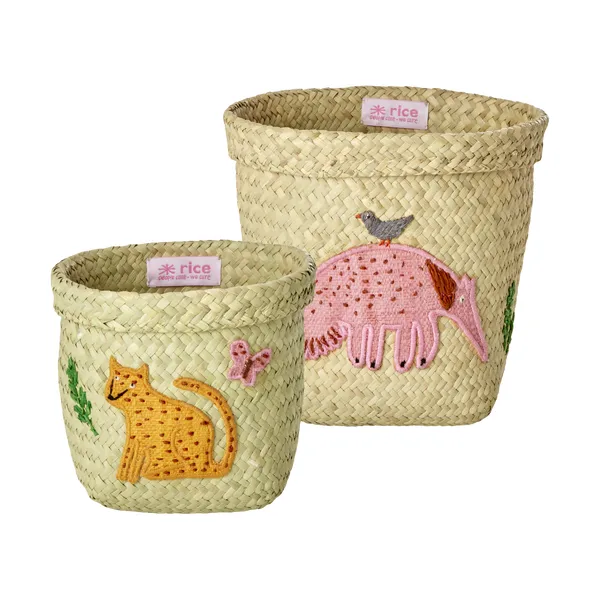 Rice raffia förvaringskorg rund 2 delar, Animal Embroidery-Pink